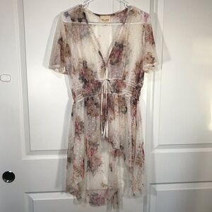 White and pink flowy floral mesh sheer dress with tie around the waist